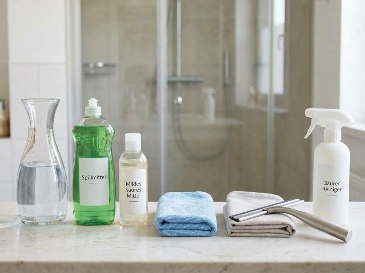 Reinigungsmittel und Werkzeuge für das Duschglas reinigen.