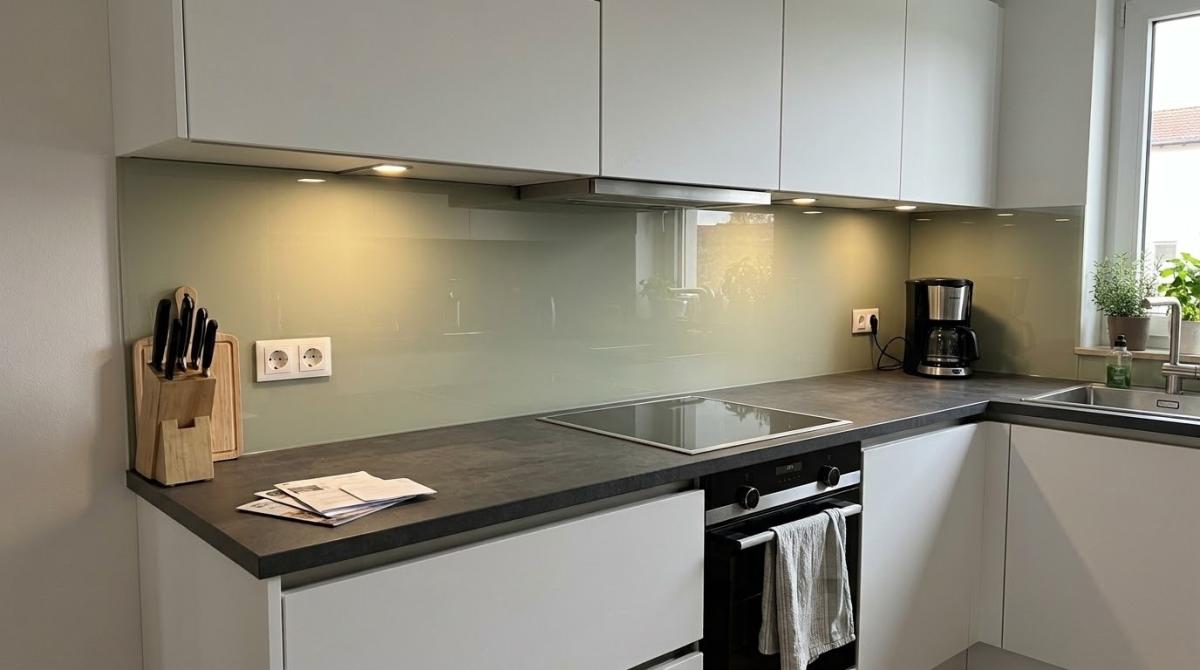 Glasrückwand Küche in einer modernen Zeile mit grauer Arbeitsplatte, Kochfeld und weißen Oberschränken.