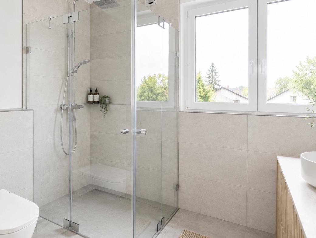 Moderne Dusche mit ESG-Glas und Fenster im Badezimmer.