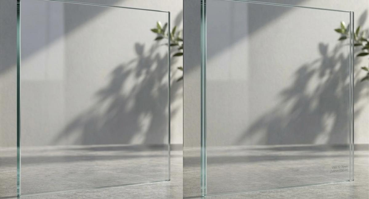 Vergleich von ESG und VSG Sicherheitsglas in einem modernen Raum.