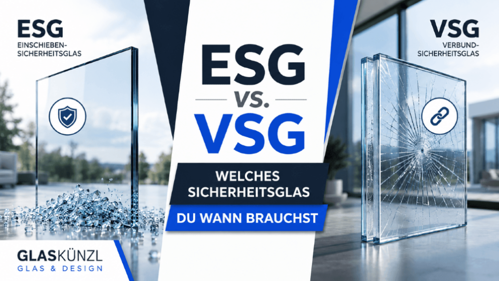 Vergleich von ESG und VSG Sicherheitsglas mit Grafiken und Icons.