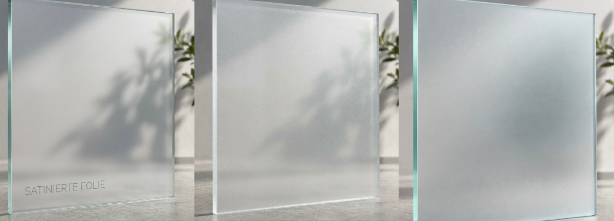 Drei Varianten von Milchglas mit verschiedenen satinierten Oberflächen als Sichtschutz.