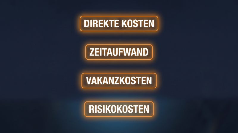 Darstellung der Recruiting-Kosten für Pflegedienste: direkte Kosten, Zeitaufwand, Vakanzkosten, Risikokosten.