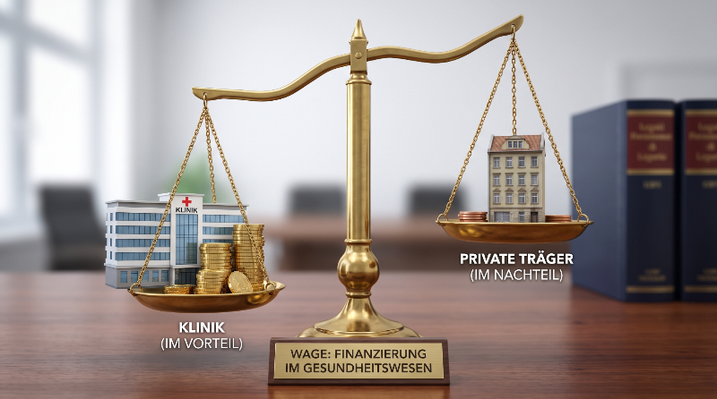 Waage zeigt Finanzierung im Gesundheitswesen mit Kliniken und privaten Trägern.