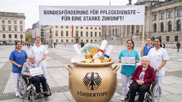 Demonstration zur Bundesförderung für Pflegedienste mit Fördertopf.