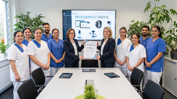 Das Team eines Pflegedienstes präsentiert digitale Lösungen zur Förderung.