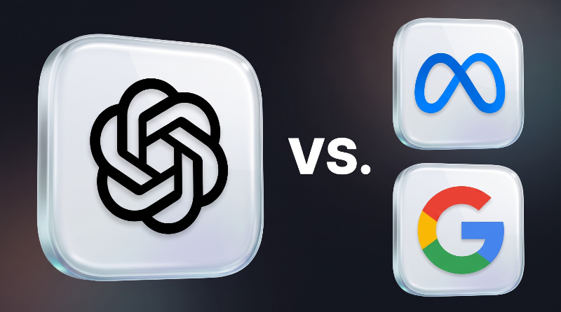 Vergleich der Logos von ChatGPT, Google und Meta für Werbung im Pflegebereich.
