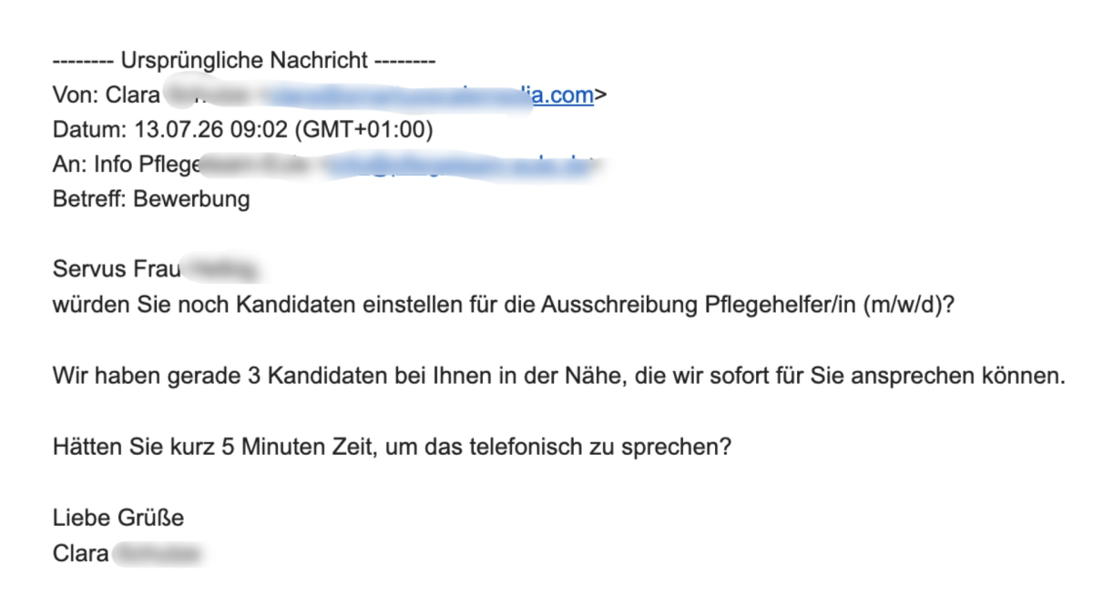 E-Mail-Nachricht über ein mögliches Bewerbungsangebot für Pflegekräfte.