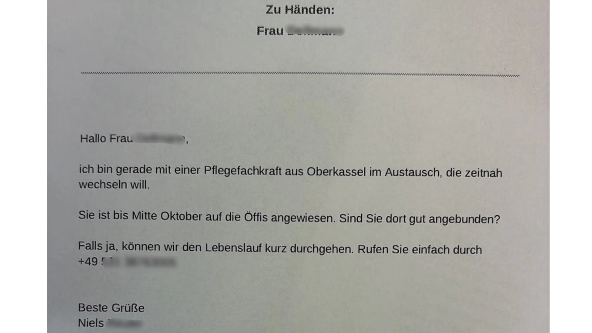 Beispiel für eine unseriöse Kontaktaufnahme an einen Pflegedienst.
