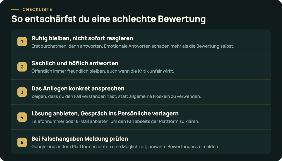 Checkliste zur Entschärfung schlechter Bewertungen im Handwerk.