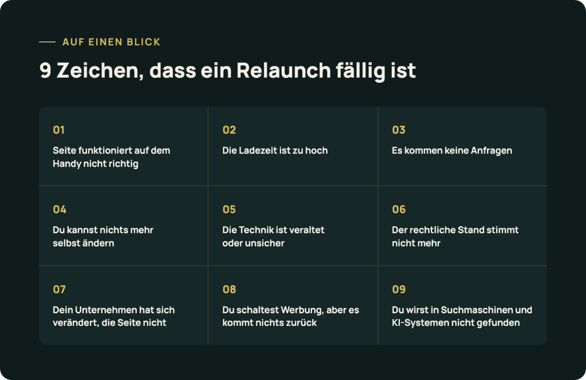 Grafik mit 9 Zeichen, dass ein Relaunch fällig ist, entsprechend dem Fokus-Keyword.