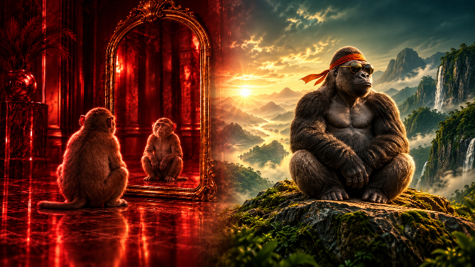 Zwei Gorillas reflektieren ihre Higher Self Identity in unterschiedlichen Umgebungen.