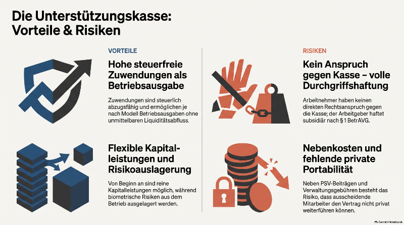 Strategische Vorteile und kalkulierte Risiken der Unterstützungskasse - Darstellung erstellt mit KI-Unterstützung