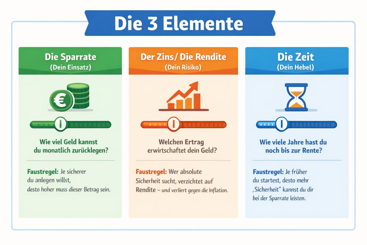 KI-Generiert: Die drei Stellschrauben der Altersvorsorge schematisch dargestellt