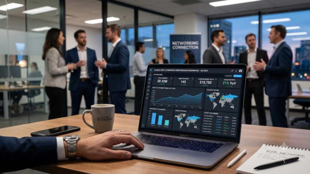 Ein Mitarbeiter arbeitet an einem Laptop mit Datenanalyse für einen B2B Webshop.