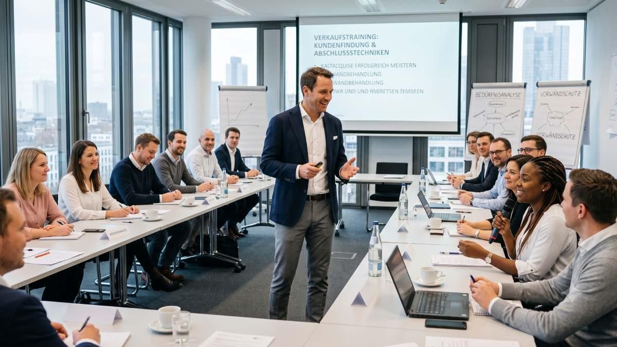 Ein Team bei einer Vertriebsschulung in einem modernen Meetingraum.