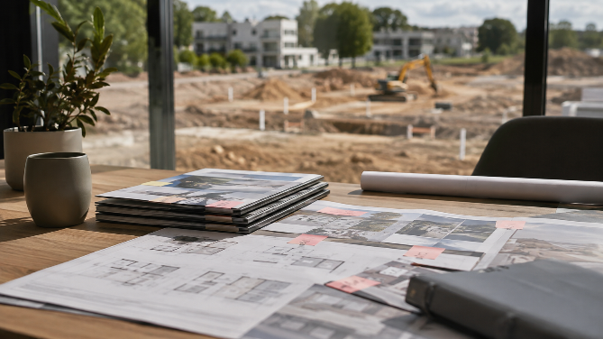 Baupläne auf einem Tisch mit Blick auf eine Baustelle für Neubauprojekte.
