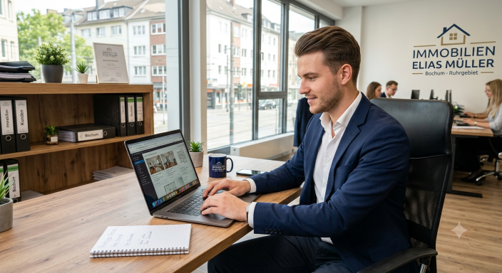 Ein Immobilienmakler arbeitet an seinem Laptop und optimiert seine Social Media Präsenz.
