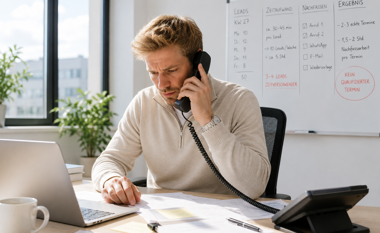 Mann telefoniert am Arbeitsplatz und arbeitet an Leads als Makler.