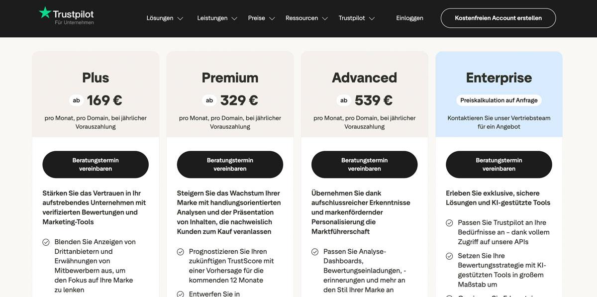 170 Euro pro Domain: Trustpilot wird schnell teuer.