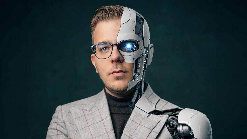 Cyborg-Mann im Anzug symbolisiert Sichtbarkeit in KI-Modellen.