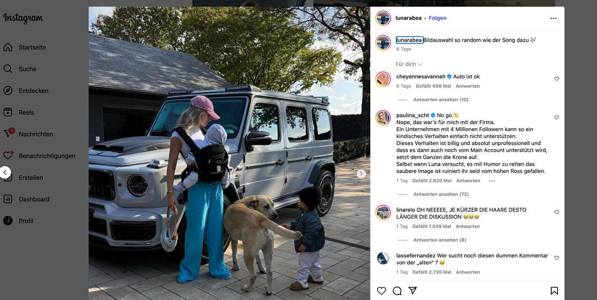 Screenshots von Lunas Instagram-Post