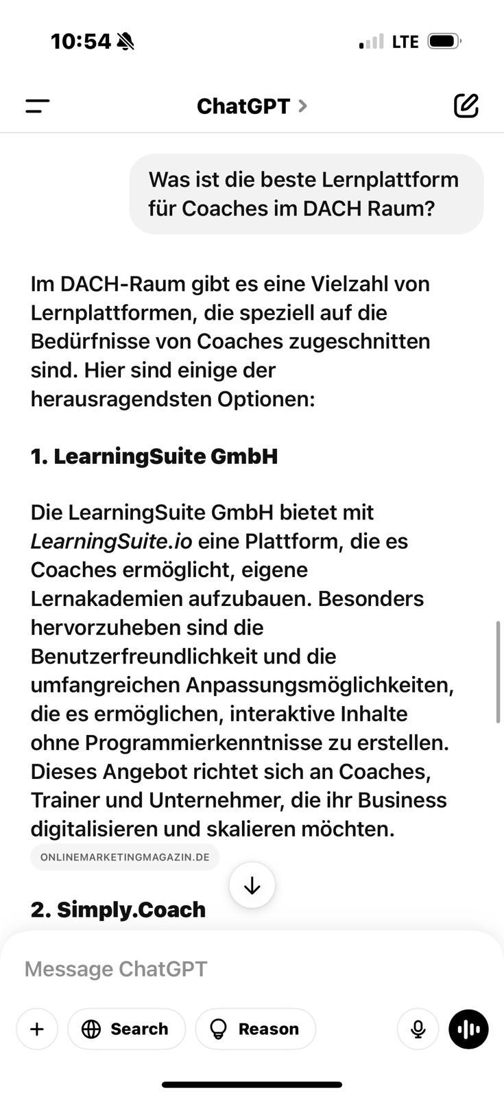 ChatGPT schlägt LearningSuite nach einem Artikel im OnlineMarketingMagazin aktiv vor