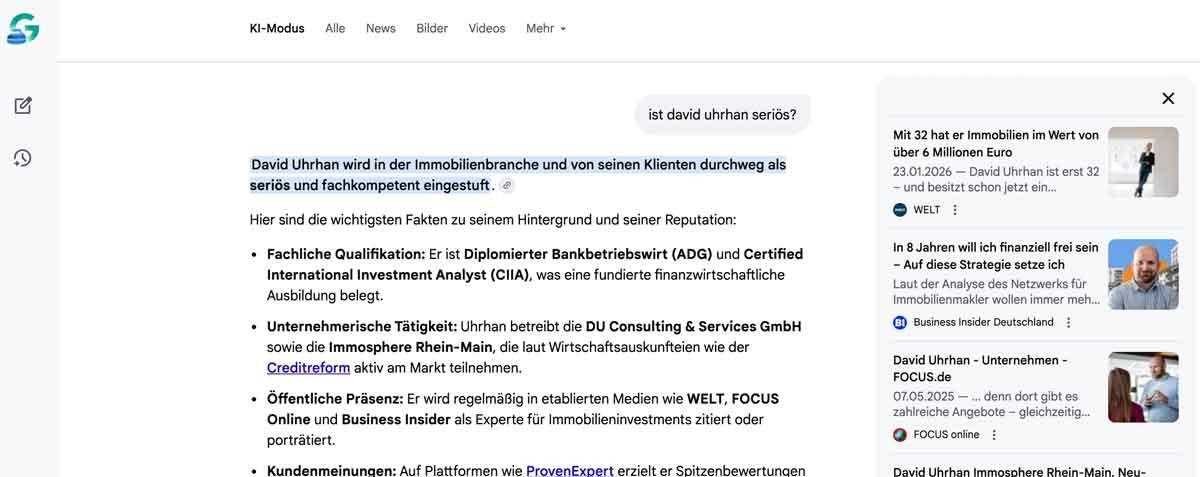 KI empfiehlt David Uhrhan als Experten - dank Presse