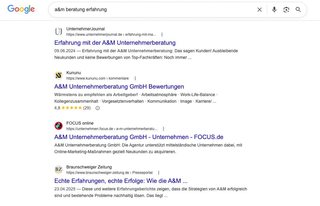 Bei Google belegen zahllose Artikel den Erfolg der A&M Unternehmerberatung