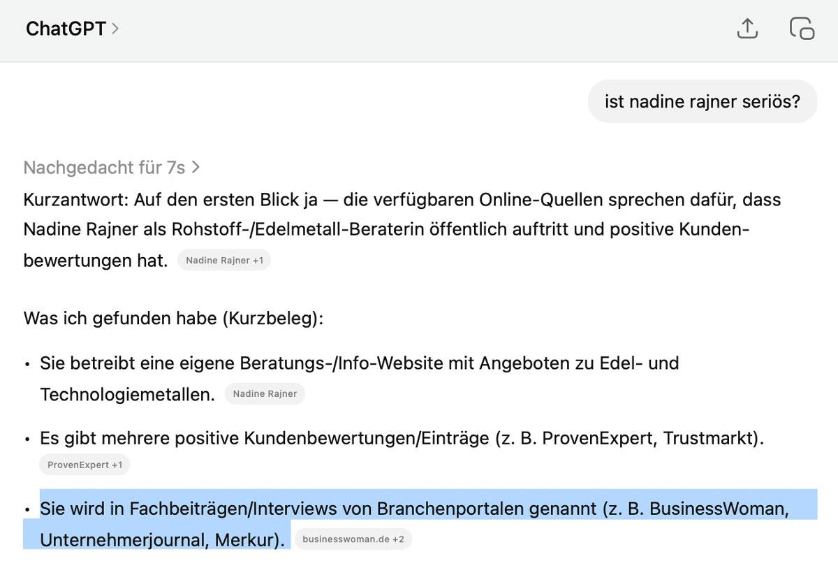 ChatGPT nutzt die Presseartikel als Nachweis für Seriosität.