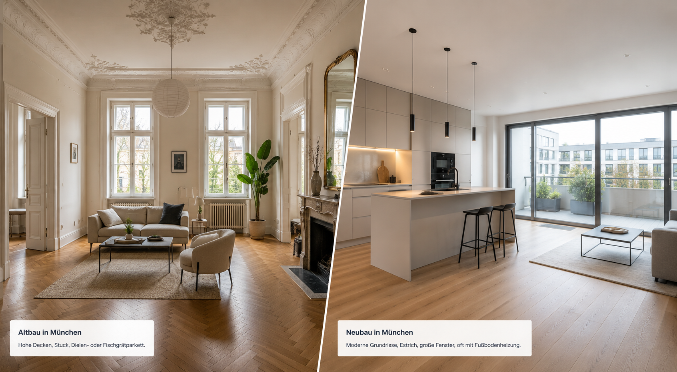 Zwei verglichene Wohnräume: eine Altbauwohnung und eine modernisierte Wohnung in München.
