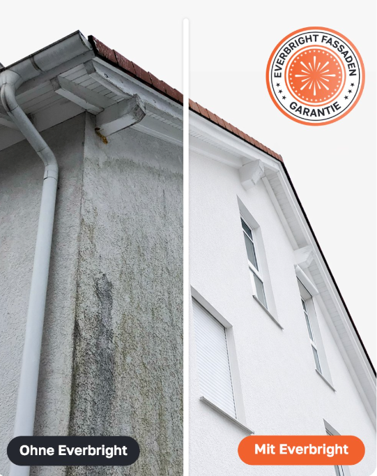 Vergleich einer Fassade mit und ohne Everbright-Anstrich für den Werterhalt.