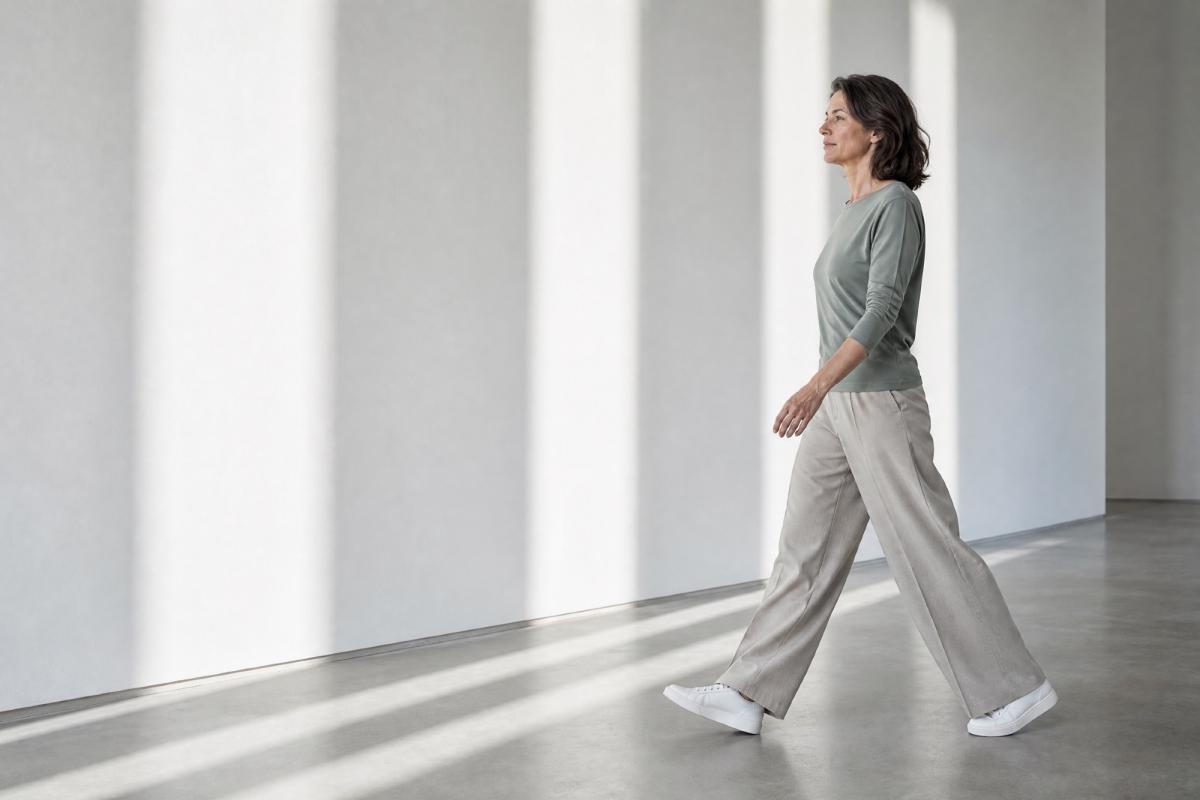 Eine Frau geht in einem hellen Raum, um Fibromyalgie durch Bewegung zu bekämpfen.
