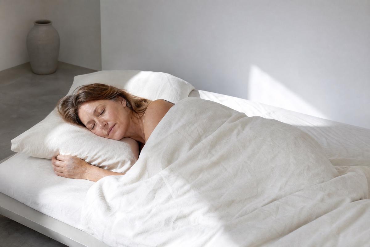 Eine Frau schläft friedlich im Bett, was auf nicht erholsamen Schlaf hinweist.