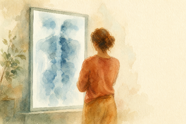 Eine Frau betrachtet im Spiegel ihre Reflexion und denkt über Rückenschmerzen nach.