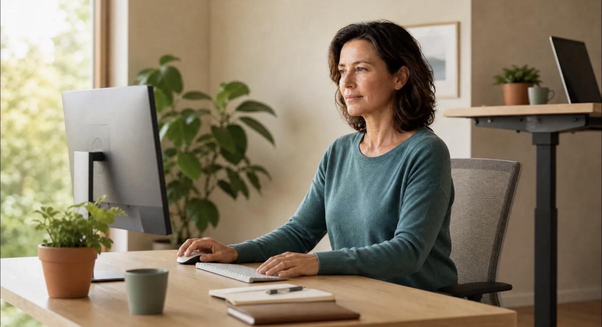 Frau sitzt an ergonomischem Arbeitsplatz und arbeitet am Computer.