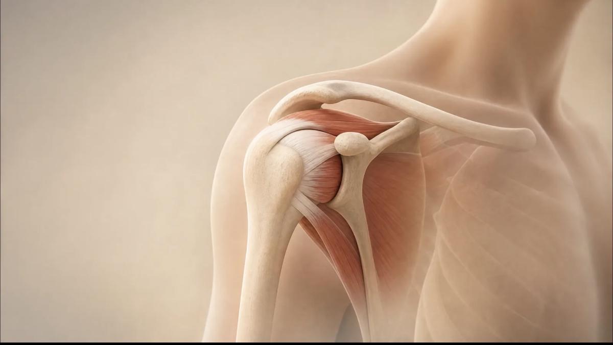 Anatomische Darstellung der Schulter, die Schulterschmerzen verdeutlicht.