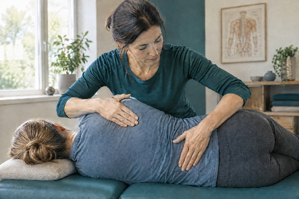 Osteopathische Faszienbehandlung zeigt eine Therapeutin, die Rückenmassage gibt.