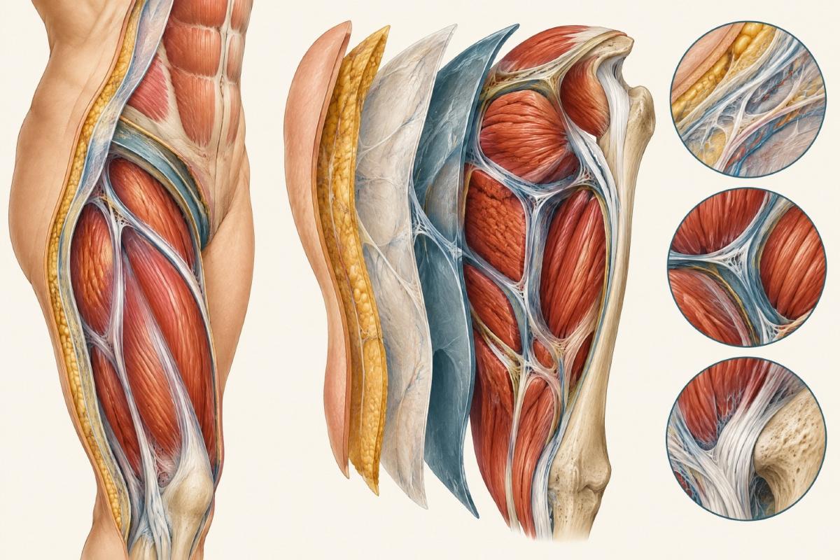 Anatomisches Schema von Bindegewebe und verklebten Faszien im menschlichen Körper.
