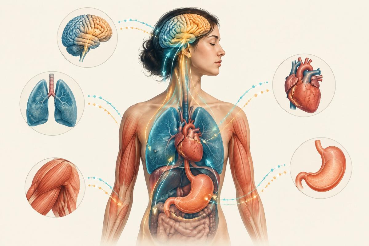 Anatomische Darstellung einer Frau mit Fokus auf Körpervertrauen und Organsystemen.