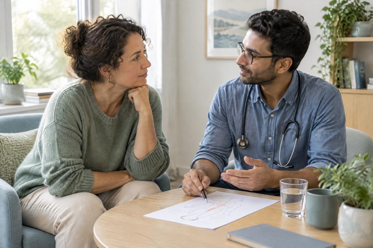 Ein Gespräch über Körpervertrauen zwischen Arzt und Patientin.