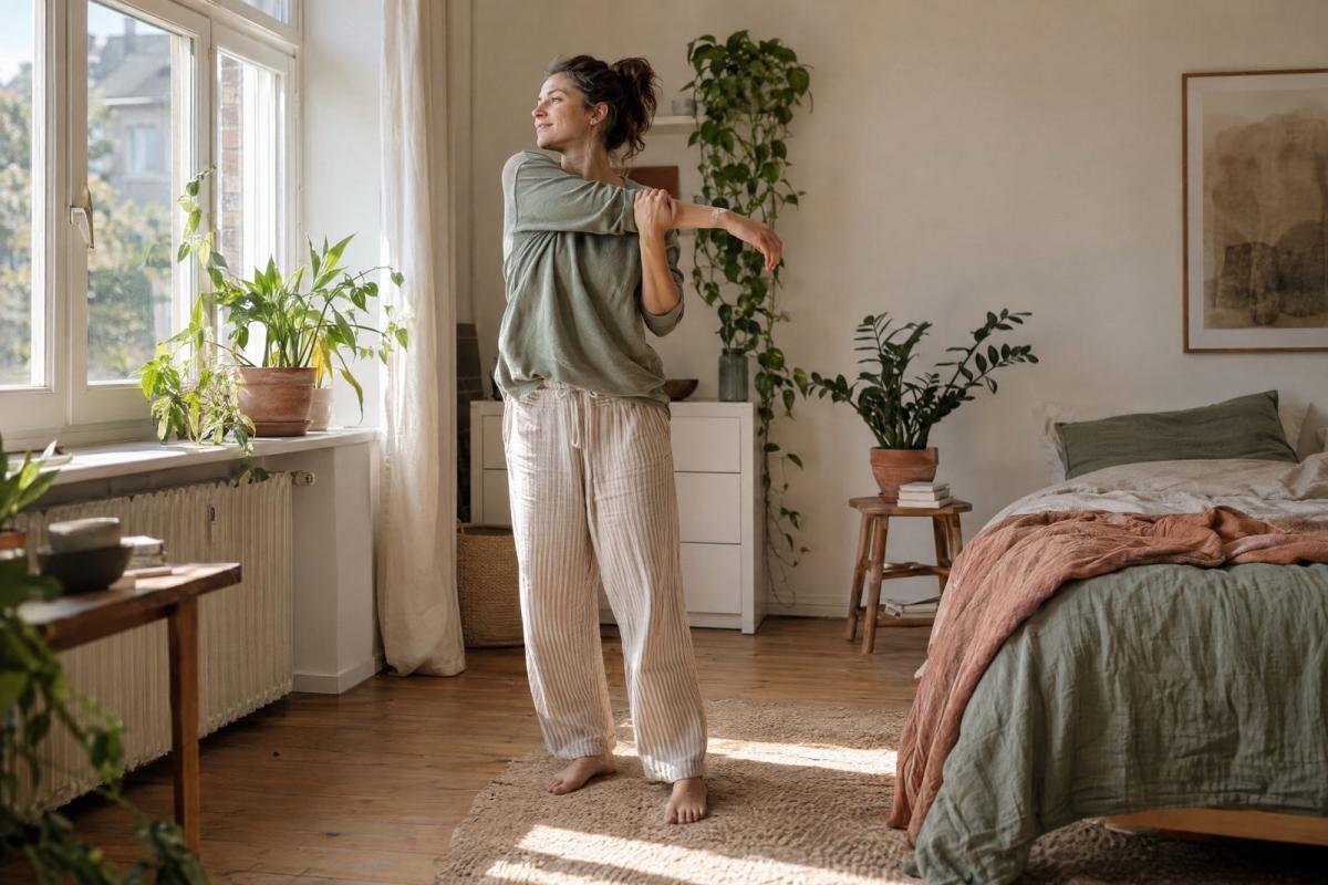 Eine Frau dehnt am Morgen im Schlafzimmer neben dem Bett; die Morgenroutine mit Bewegung beginnt mit sanftem Stretching.