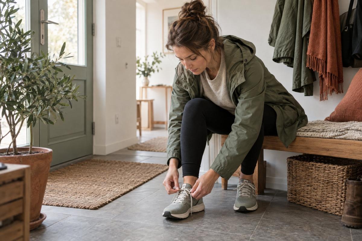 Eine Frau bindet morgens vor dem Training ihre Sportschuhe – ein einfacher Start in die Morgenroutine mit Bewegung.
