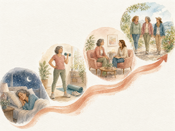 Illustration einer Frau, die verschiedene Phasen des biopsychosozialen Behandlungsmodells durchläuft.