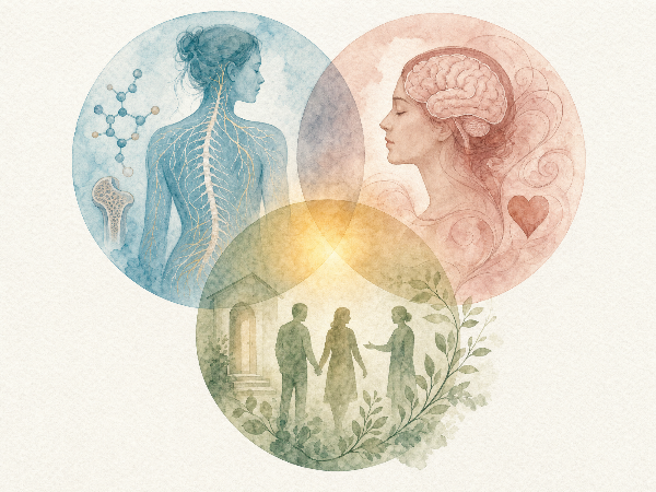 Illustration des biopsychosozialen Modells mit drei Kreisen, die Körper, Geist und soziale Aspekte zeigen.
