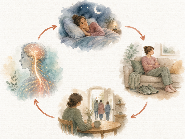 Illustration des biopsychosozialen Modells, das Schlaf, Stress und soziale Interaktionen zeigt.