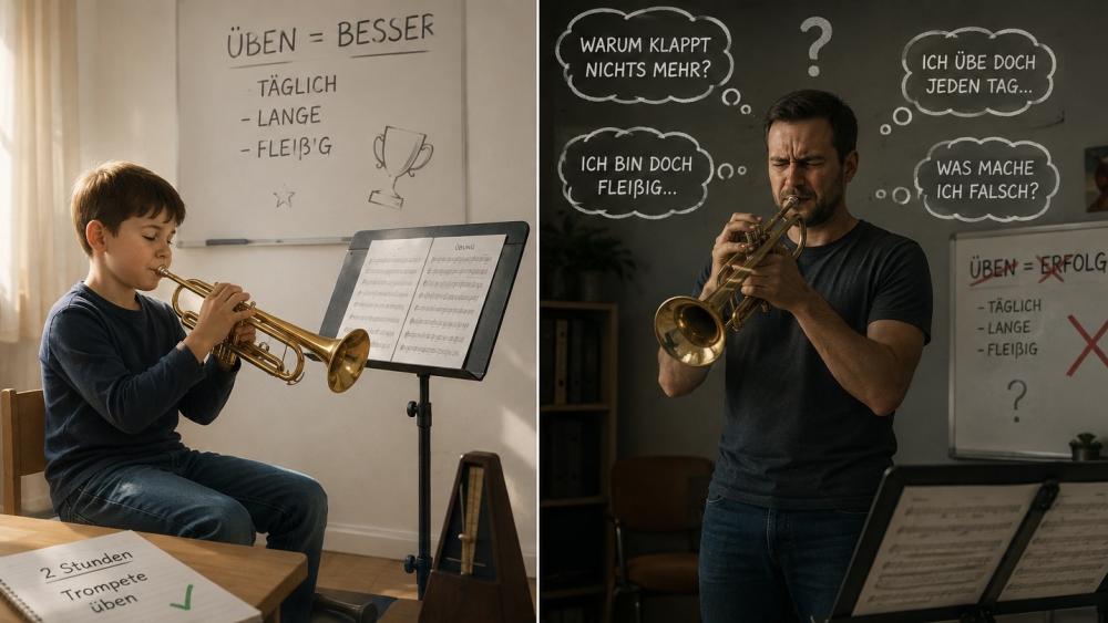 Ein Junge und ein Erwachsener üben gemeinsam ein Blechblasinstrument, um wichtige Grundlagen zu lernen.