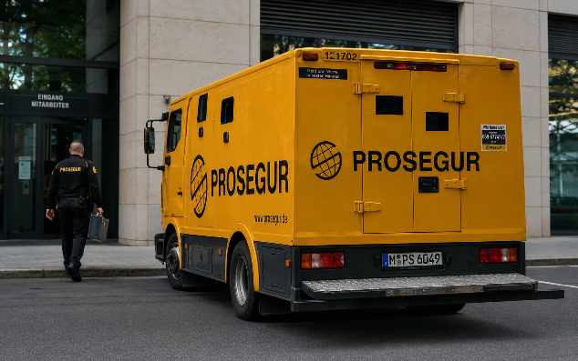 Ein Prosegur-Transporter parkt vor einem Hochsicherheitslager für Edelmetalllagerung.