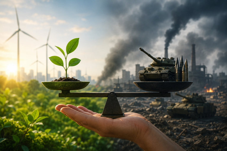 Eine Hand hält eine Waage mit einer Pflanze auf der einen und einem Panzer auf der anderen Seite, was das Thema Rüstungsaktien nachhaltig symbolisiert.