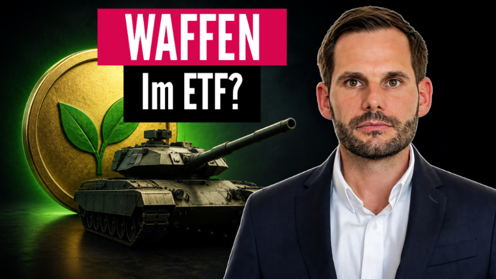 Ein Mann steht vor einem Panzer und einer Münze mit einem grünen Blatt, Symbol für Rüstungsaktien im ETF.
